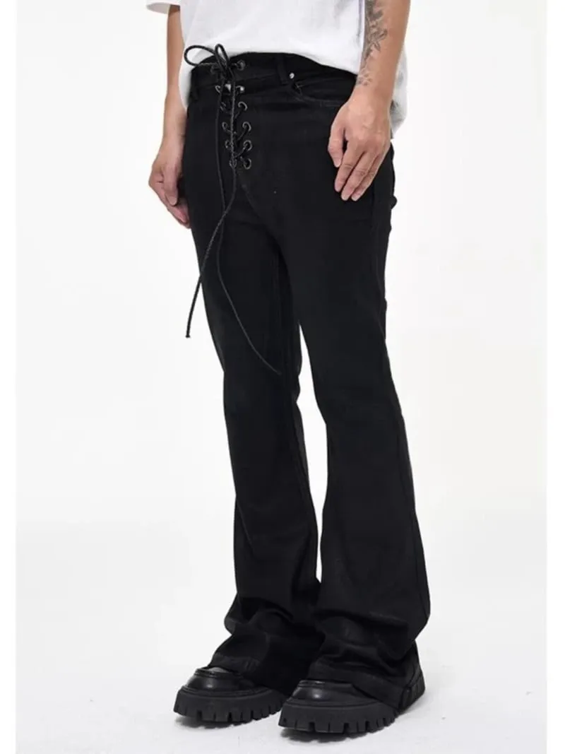 Vintage powłoka batikowa czarne dżinsy typu slim fit rozkloszowane elastyczność rozciągliwa wstążka Y2k Streetwear Casual obcisłe dżinsy z dzwonkiem — image 9