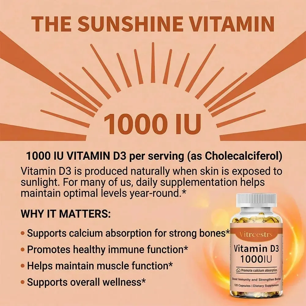 Vitamin D3 1000iu for Immune Support Healthy Muscle Function and Bone Health - Non-GMO Gluten Free 120 Vegetable Capsules — image 4
