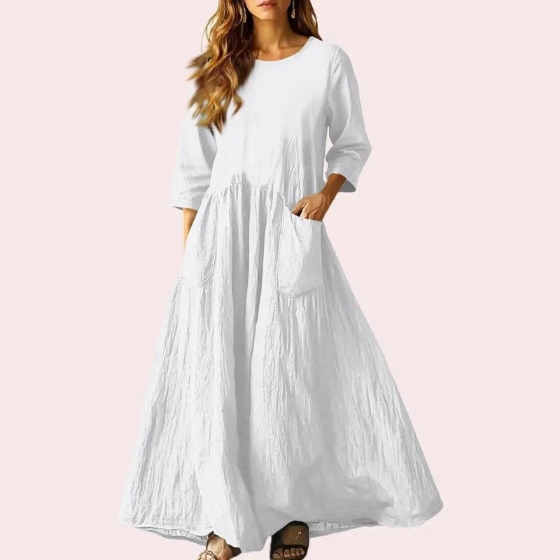 Gaun Panjang Longgar Musim Panas Wanita Warna Pejal Lengan Tiga Suku Gaun Poket Berganda Gaun Linen Leher Bulat Longgar Vestidos — image 16