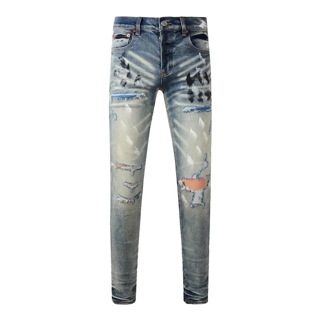Pantaloni da uomo High Street Jeans American Distressed Nero scuro rivestito bianco elasticizzato con bottoni skinny e pantaloni strappati