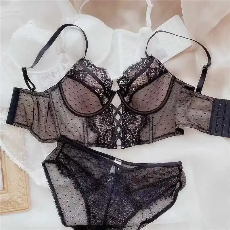 Set Seluar Dalam French Lace Push Up Mulher Thin Underwire Bra Sheer Ruched Chemise Lembut Petite Dada Kecil S-XL Petite Elegance — image 1