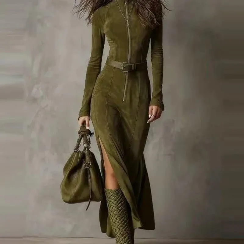 Gaun Pesta Suede Lengan Panjang Leher-o Kasual Gaun Panjang Ramping Solid Belah Samping Elegan Gaun Maxi Wanita dengan Ikat Pinggang — image 7