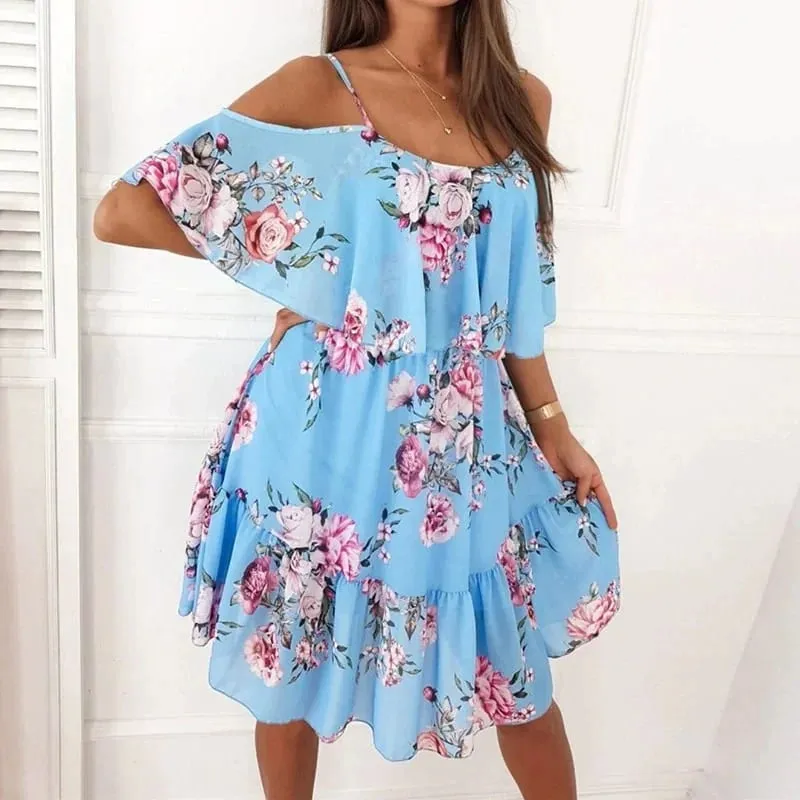 Women's Summer V-Neck Sleeveless Sling Camisole Commuting Printed Chiffon Bohemian Floral Dress For Women — image 7