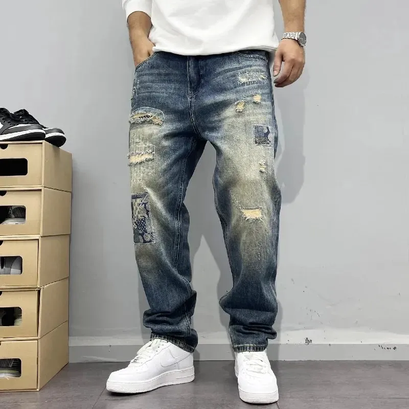 Baggy Jeans Vintage Distressed Patchwork Jeans Herren Gerade Lose High Street Hip-Hop Lange Hosen Herrenbekleidung Jeans für Männer — image 3