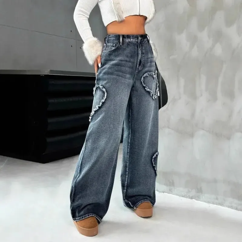 Jeans in denim lavato pesante patchwork retrò americano con bordo sfrangiato Pantaloni larghi dritti a gamba larga unisex da strada 21095 — image 5