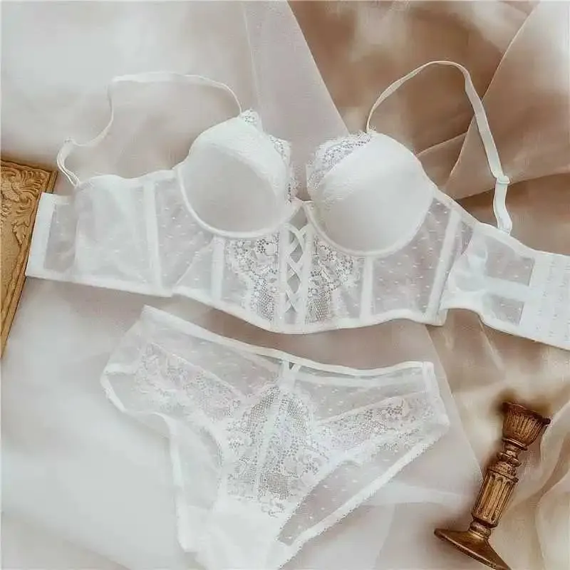 Set Seluar Dalam French Lace Push Up Mulher Thin Underwire Bra Sheer Ruched Chemise Lembut Petite Dada Kecil S-XL Petite Elegance — image 3