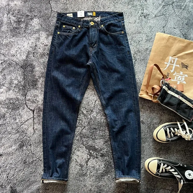14oz Kualiti Tinggi 100% Kapas Satu Basuh Seluar Jeans Denim Biru Pedalam Mentah untuk Lelaki Red Selvedge Slim Seluar Lurus Vintaj Y2K Lelaki Belia