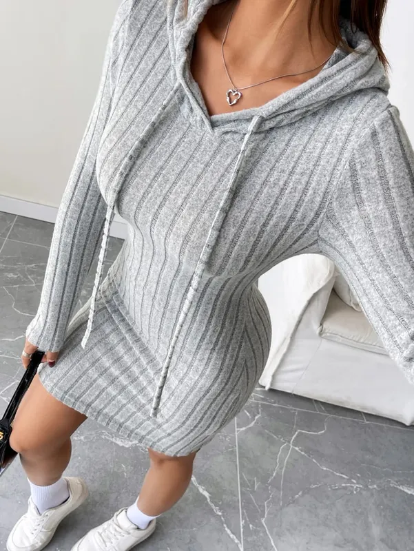 Trendy Ribbed Knitted Hooded Slim Fit Dress with Drawstring - Comfortable Casual Style for Women — image 8