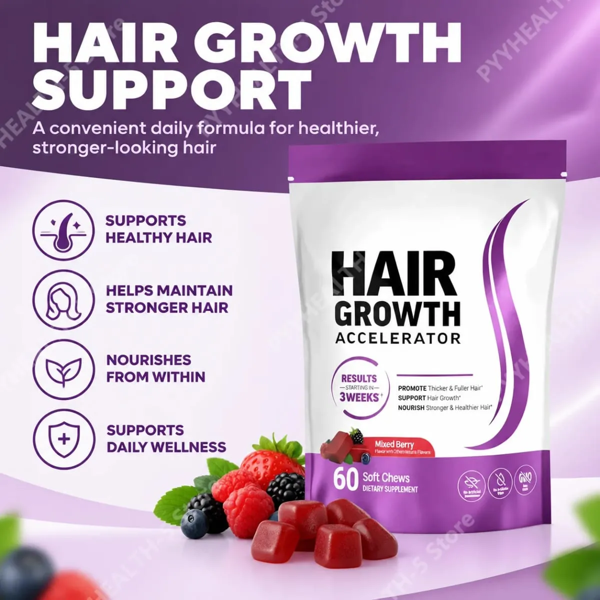Biotine – supplément à mâcher doux pour la croissance des cheveux, soutient des cheveux plus épais, vitamine C et E pour une alimentation saine des cheveux, 60 gommes — image 5