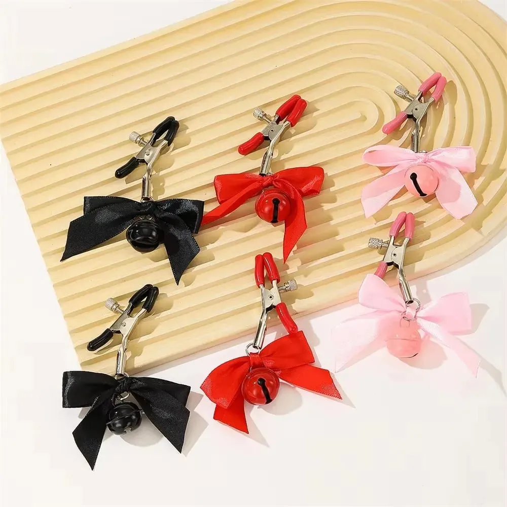 Pinces à tétons en métal pour femmes, 1 paire, petite cloche avec nœud papillon, Stimulation du sein, accessoires exotiques, boule de cheveux de Bondage, jouets sexuels Sexy pour femmes — image 4