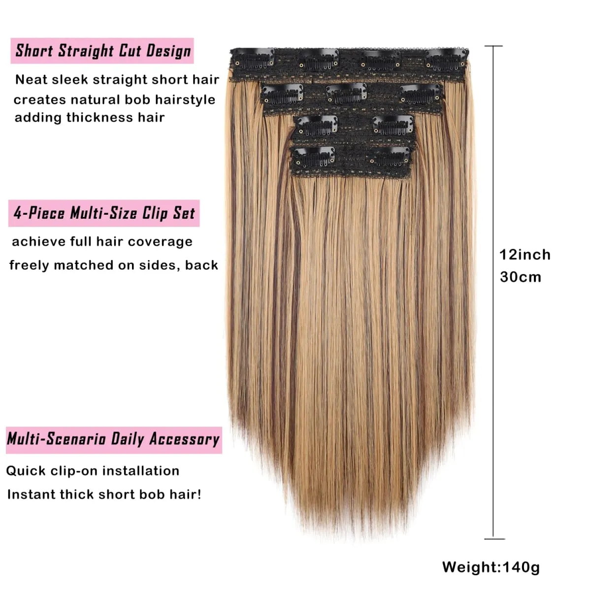 12 นิ้วตรงคลิปในส่วนขยายของผม 4 ชิ้น/เซ็ตเต็มหัวสั้นสังเคราะห์ Highlight Hair Extensions สำหรับผู้หญิง — image 3
