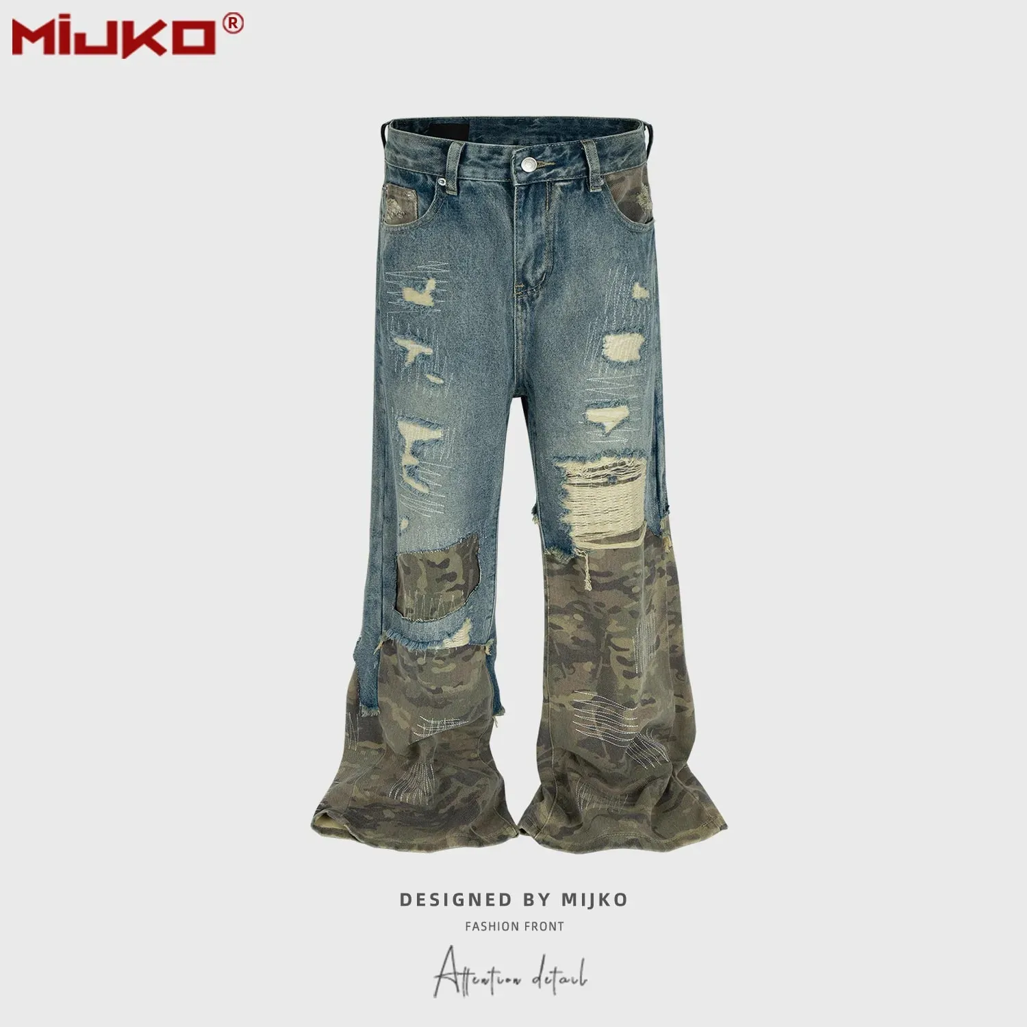Jeans Men's and Women's Camouflage Patchwork Washed Hole Design Jeans 2025ss — image 2