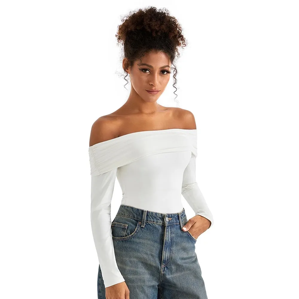 여성을위한 기본 긴 소매 바디 슈트 블라우스 가을 겨울 슬림 피트 오프 숄더 바디 슈트 streetwear y2k bodycon rompers femme — image 6