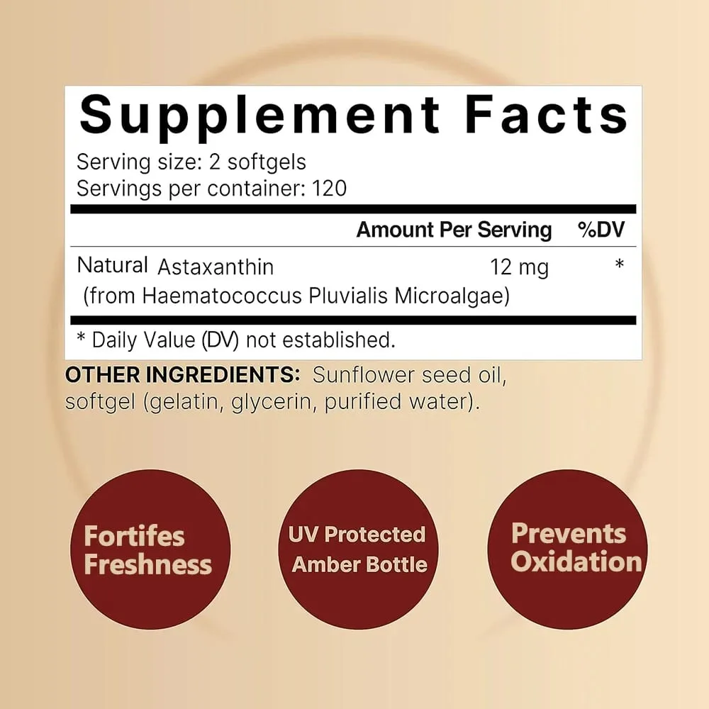 Triple Strength Astaxanthin 12มก. - อาหารเสริมต้านอนุมูลอิสระแอสตาแซนธินจากธรรมชาติที่ผ่านการตรวจสอบแล้วปลอดจีเอ็มโอและปราศจากกลูเตน - 120 ซอฟท์เจล — image 3