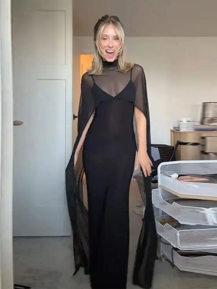 Sheer Cape ผู้หญิงชุดราตรี Elegant Slim V คอแขนกุดสะโพกชุดผู้หญิง 2026 Lady Party Vestidos — image 4