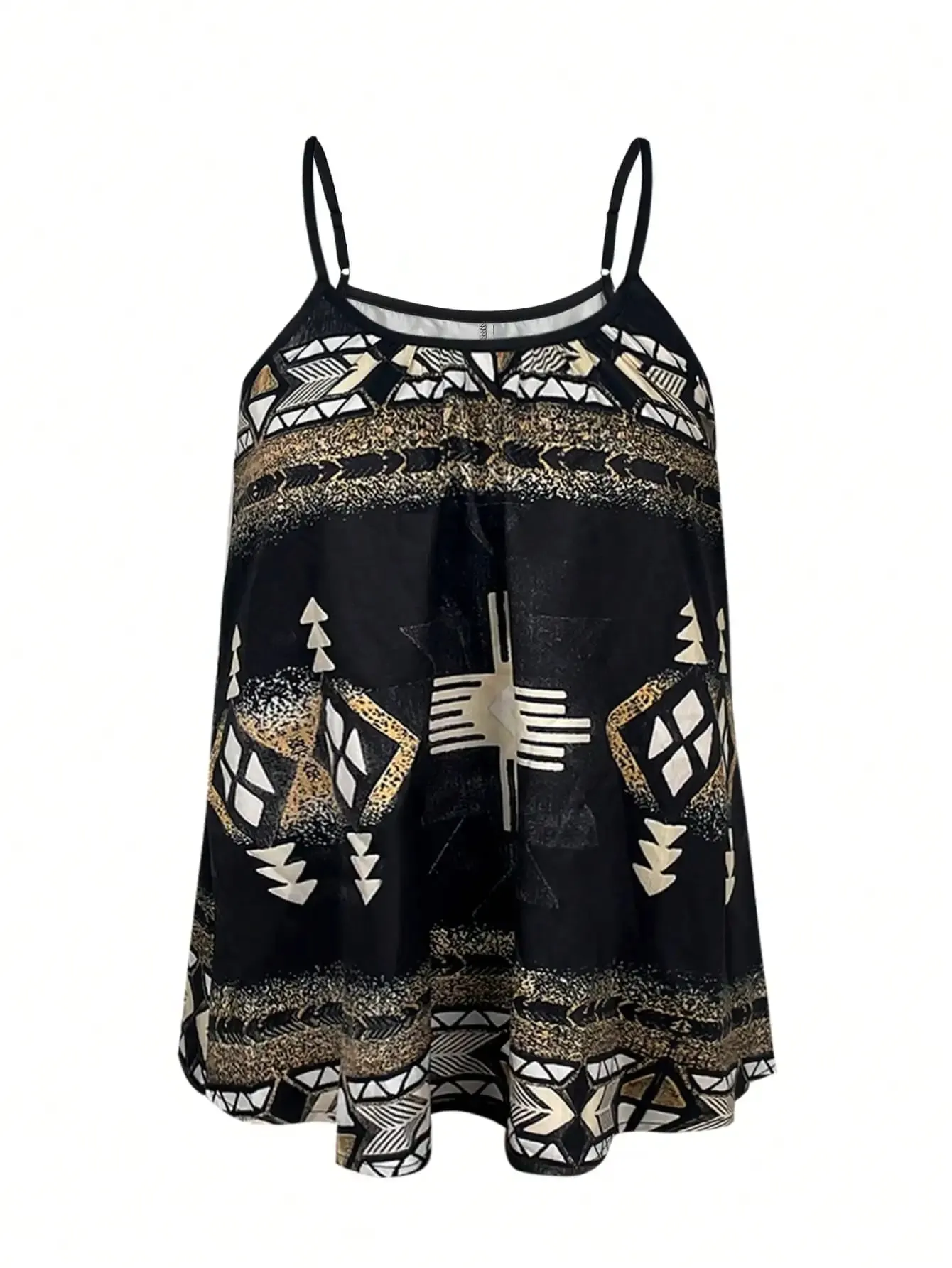 Womens Boho Print Spaghetti Strap Cami Top Loose Fit Summer Casual Tank Black And Gold Tribal Pattern — image 2