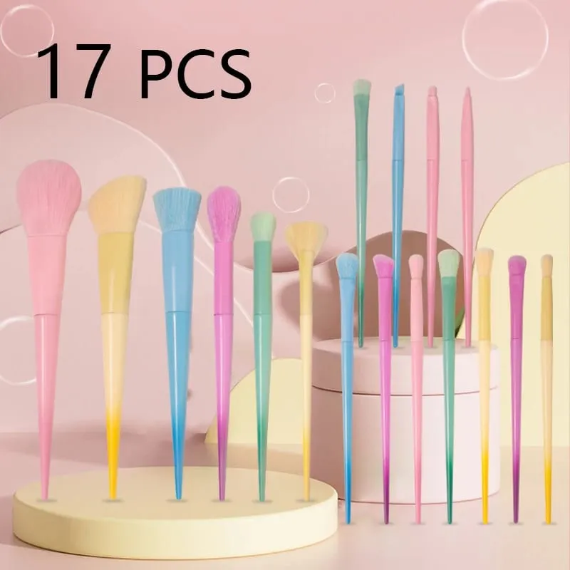 17 Buah Set Kuas Rias Foundation Pencampur Bedak Wajah Concealer Perona Mata Kit Kuas Rias Pelangi