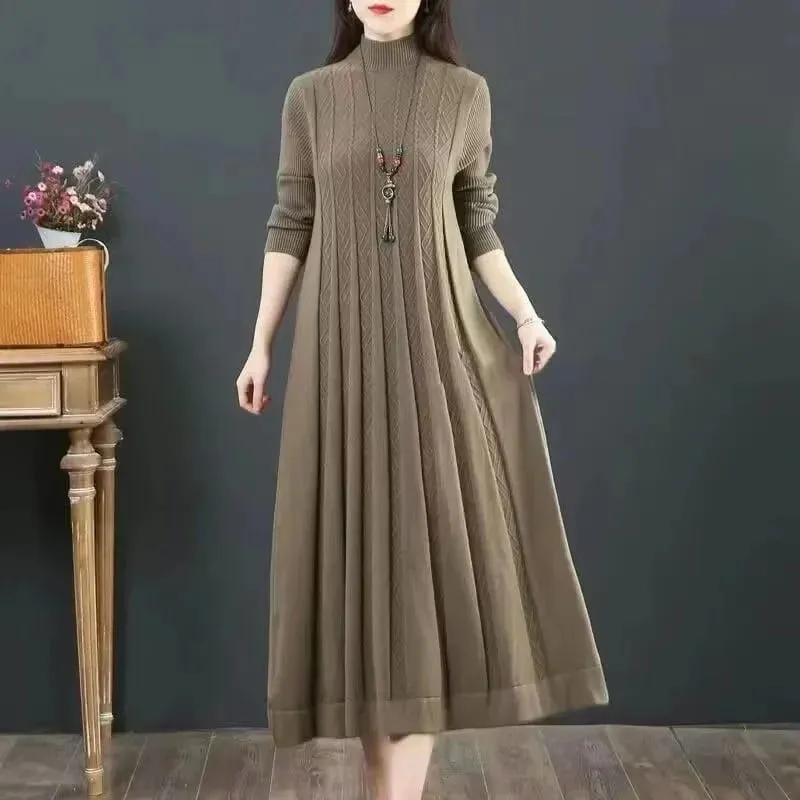 Herbst/Winter Frauen Gestrickte Kleid 2025 Neue Feste Lose Pullover Halb Hohe Kragen Lange Gestrickte Pullover Kleid Weibliche Hohe-qualität — image 3