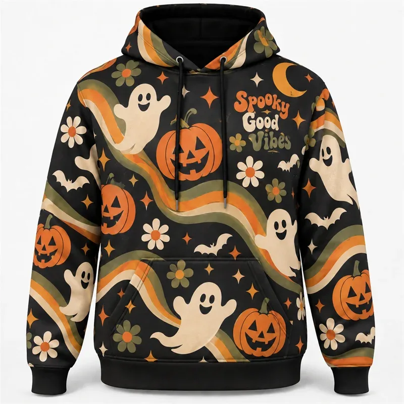 Halloweenská mikina s kapucí 3D celoplošný potisk Polyesterová mikina Gothic Ghost Pumpkin Bat Witch Lebka Horror Streetwear Pulovr Unisex — image 8