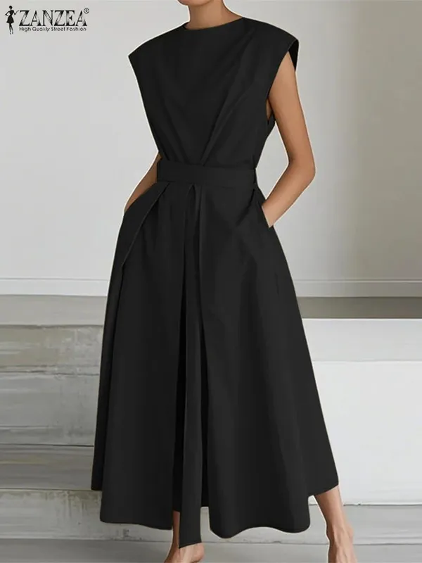 Elegant Chic ผู้หญิงชุดยาวลำลองแขนสั้นคอเอวสูง Casual & Day เสื้อชุดสีทึบ S-3XL — image 12