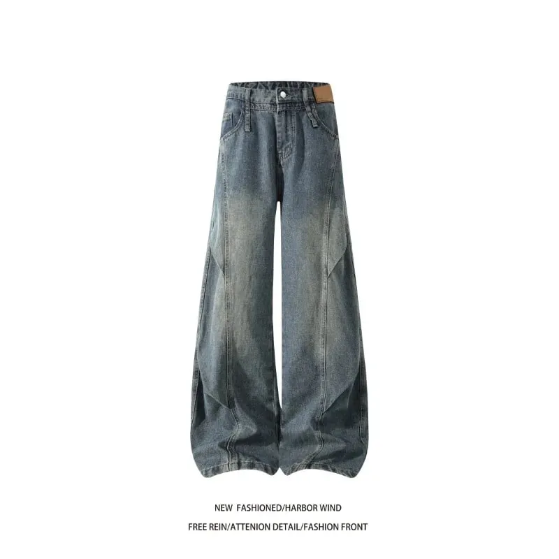 Celana Jeans Panjang Kasual Longgar Desain Berlipat Sambungan Jahitan Kontras Jeans Pedang Kaki Lebar Gaya Amerika 2026 Pria untuk Pria — image 3