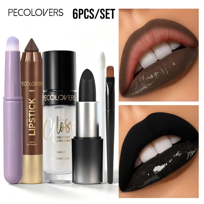6PCS Set Solekan Bibir Gincu Berpigmen Hitam Pensel Pelapik Bibir Kaca Jelas Bersinar Seperti Bersinar Lip Gloss Berus Leper Bulat Calit Bibir — image 3