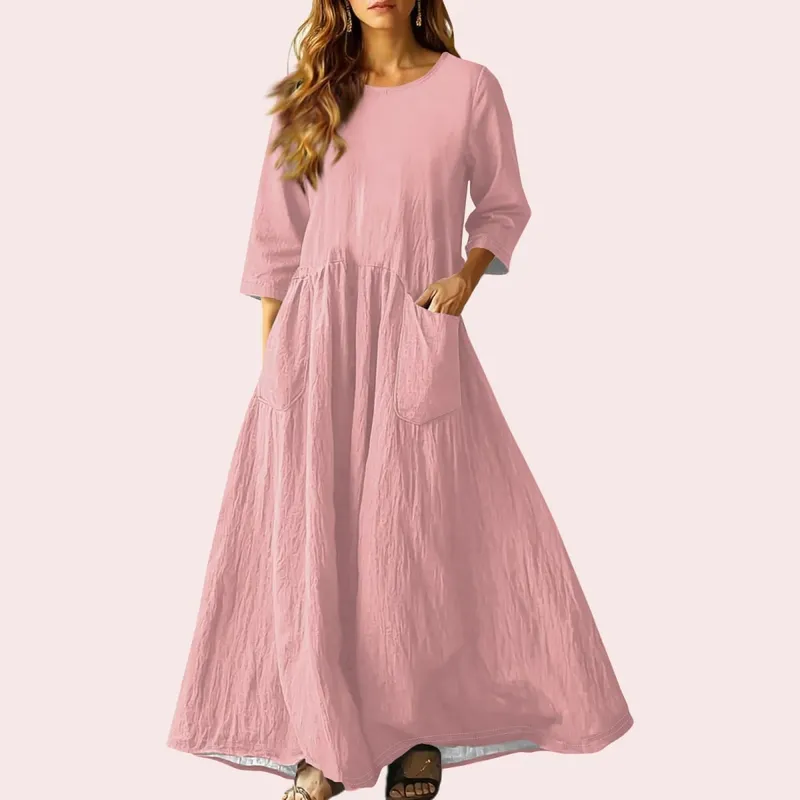 Gaun Panjang Longgar Musim Panas Wanita Warna Pejal Lengan Tiga Suku Gaun Poket Berganda Gaun Linen Leher Bulat Longgar Vestidos — image 14