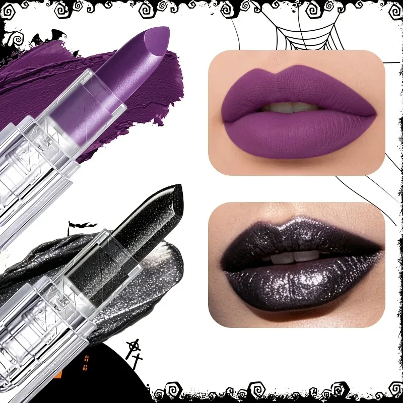 Clear Square Case Glitter Black Matte Purple Lipstick Halloween Cosplay Stage Creative Dark Lip Makeup — image 2