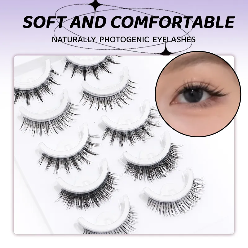 5 Paar Manga-selbstklebende falsche Wimpern im gemischten Stil, kleberfreie, wiederverwendbare natürliche Streifenwimpern für das tägliche Augen-Make-up — image 3