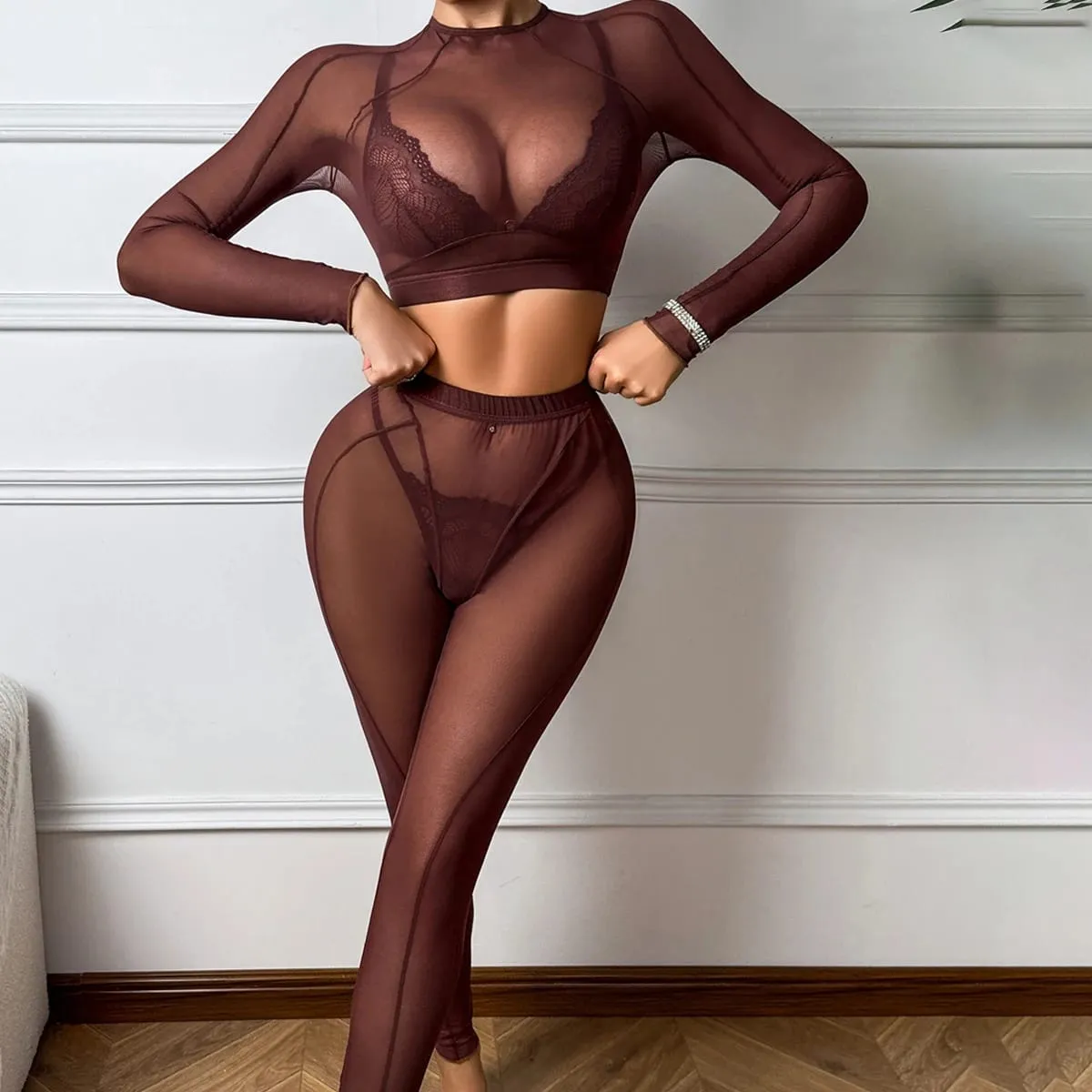 Ensemble de lingerie confortable, dos nu, manches longues, maille transparente, sexy, bonnet triangulaire en dentelle, fendue — image 3