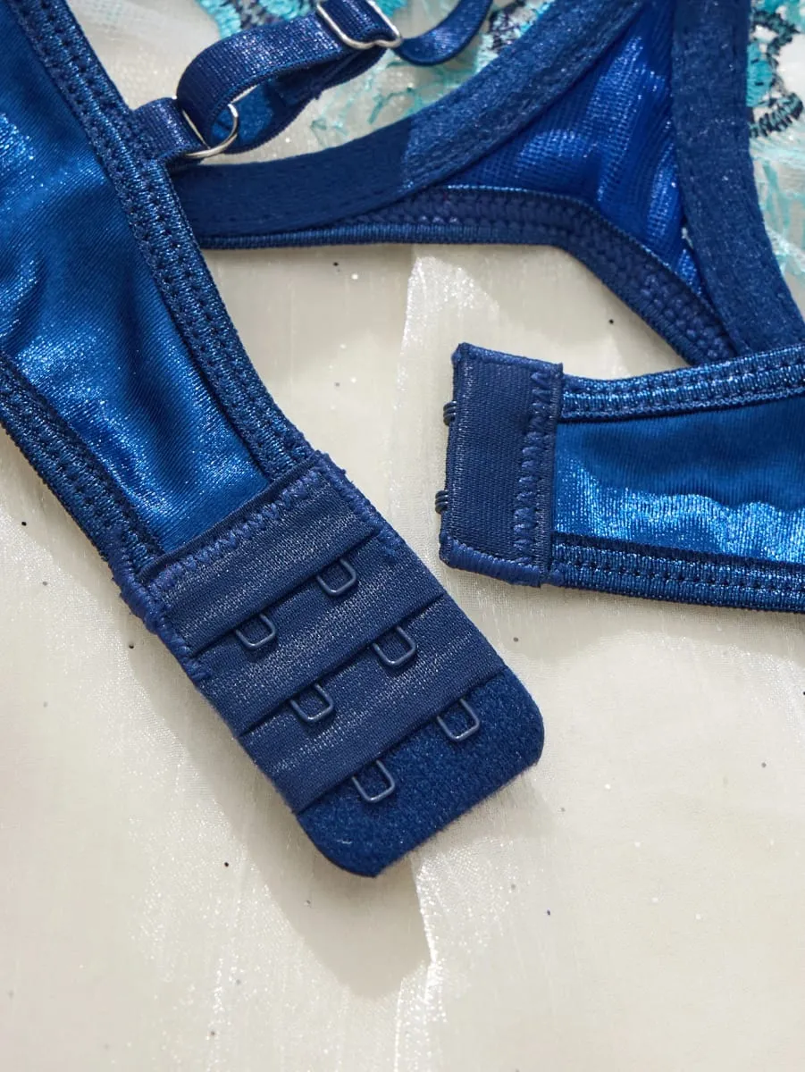 ดอกไม้สีฟ้าลูกไม้ชุดชั้นในชุดไหล่ Strappy Underwire Bra กางเกงปรับเย้ายวน Boudoir Intimate ชุด — image 5