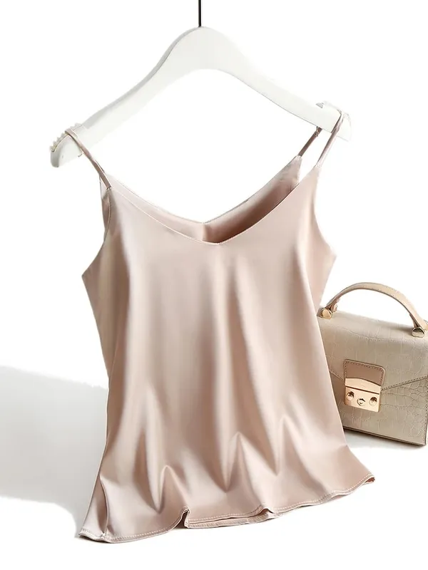 2026 細肩帶上衣女式掛脖 V 領基本款白色吊帶背心無袖緞面絲綢背心女式夏季吊帶背心 — image 15