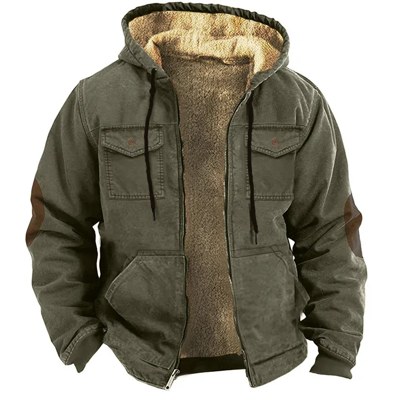 Men's Winter Fleece Hoodies Solid Patchwork Fashion Hooded Windbreaker Jacket Male Loose Work Wear Clothes Sweatshirt Outwear — image 10