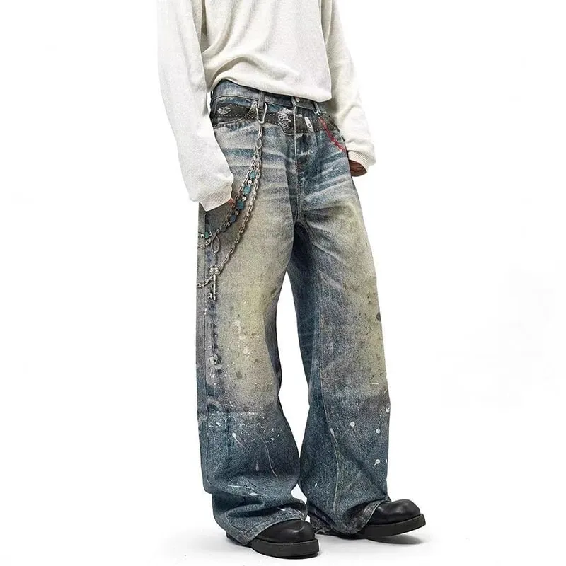 Niche Design Herren-Denim-Hosen, Kettendruck, Kontrastfarbe, Spritztinte, lässig, weites Bein, Vintage, lockere Herren-Jeans 9W4170 — image 3