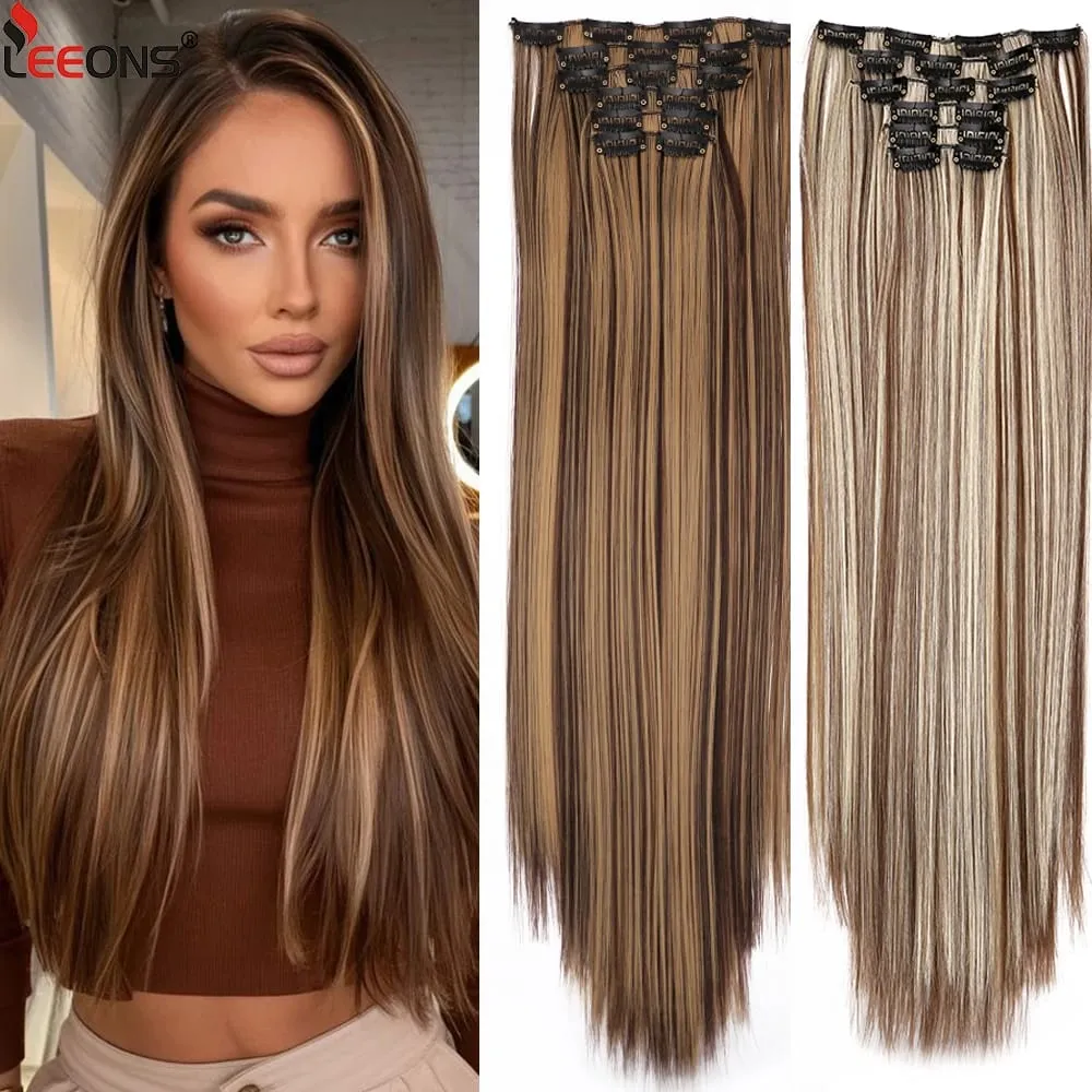 คลิปสีดำในส่วนขยายตรง 22 "ยาวสังเคราะห์หนาคลิปบนผมสำหรับผู้หญิง 6 ชิ้น/เซ็ต CURLY Full HEAD งานแต่งงานทุกวัน — image 1