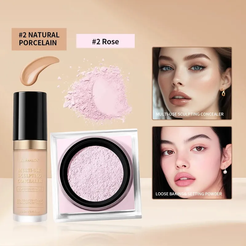Set Solekan Wajah 2pcs Dengan Concealer dan Bedak Tetapan Longgar Wajah Asli Licin Matte Kemasan Kosmetik Wanita Makeup Korea