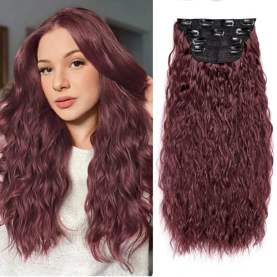 4pcs / set clip dans les extensions de cheveux naturel noir maïs ondulé 20 '' longs bouclés épais postiches synthétiques pour femmes filles fête quotidienne — image 10