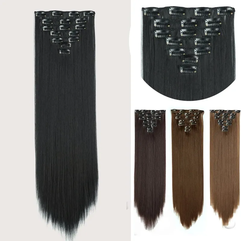 Sintetik Lurus Panjang 16 Klip Dalam Sambungan Rambut 7 Keping/Set Serat Suhu Tinggi Potongan Rambut Berambut Perang Hitam Coklat Untuk Wanita — image 8
