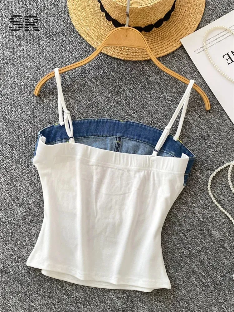 American Retro Y2k Strap Tops Letter Embroidery Denim Patchwork Fashion Design Women Hotsweet Streetwear Slim Crop Top — image 6