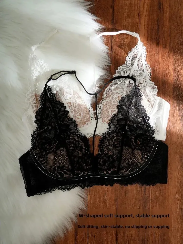 Set Bra Halter Renda Antik Perancis Bra Intim Wanita Keinginan Murni Lembut Pengangkat Payudara Kecil Push Up Payudara Kecil Nirkabel — image 3