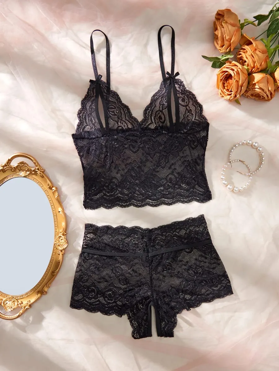 Set da notte per biancheria intima da donna in pizzo nero con apertura sul retro in due pezzi — image 3