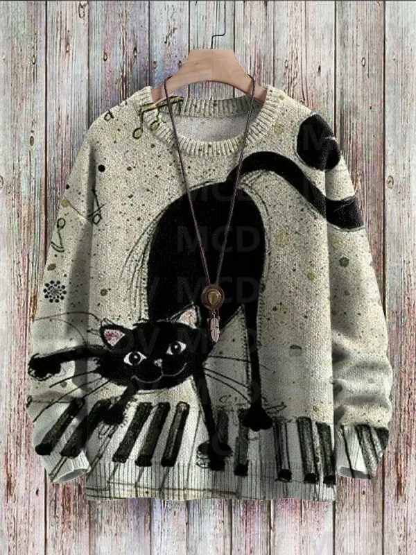 Sweter Pulover Rajut Kasual Gambar Cetak Pola Seni Burung Bunga Kucing Hitam Lucu Sweter Klasik Pulover Pria untuk Wanita — image 10