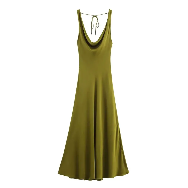 HH Abito longuette da donna in stile vacanza in raso con scollo a V senza schienale Abito estivo femminile elegante con cinturino allacciato — image 12