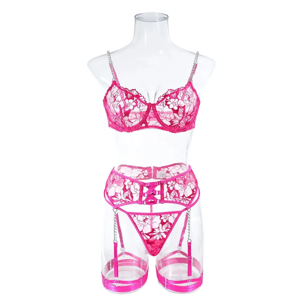 Set di lingerie ricamata in maglia solida Set di abiti esotici a catena sottile da donna con reggicalze Set di quattro pezzi di biancheria intima a croce cava — image 1