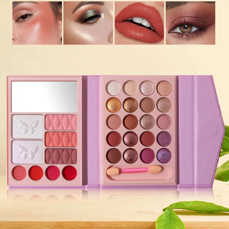 Professionel multifunktionel alt-i-en makeuppalette med mat skinnende læbestift Blush Contour Highlighter Makeup Kosmetik