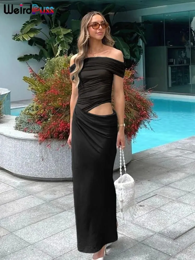 Weird Puss-vestido Irregular fruncido para mujer, vestido ceñido largo elegante de malla con retales y cuello oblicuo, manga corta, ajustado, elástico, tendencia elegante — image 5