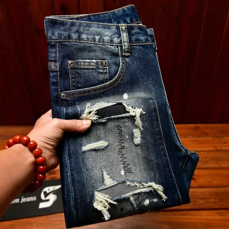High end nostalgic jeans for men slim fit with small holes patches scraped inkjet street trend elastic retro denim pants — image 6
