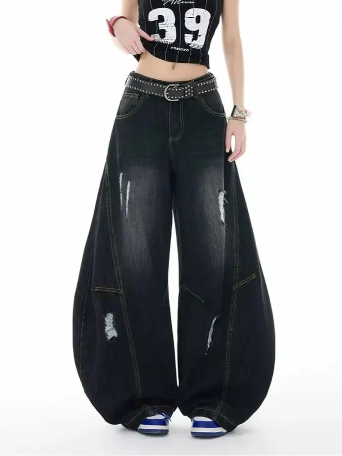 Seluar Jeans Kaki Melengkung Gaya Retro Uniseks Santai Sesuai Perca Tampalan Lembut Tahan Lama Wanita Lelaki Serbaguna Dicuci Seluar Lebar Kaki — image 2