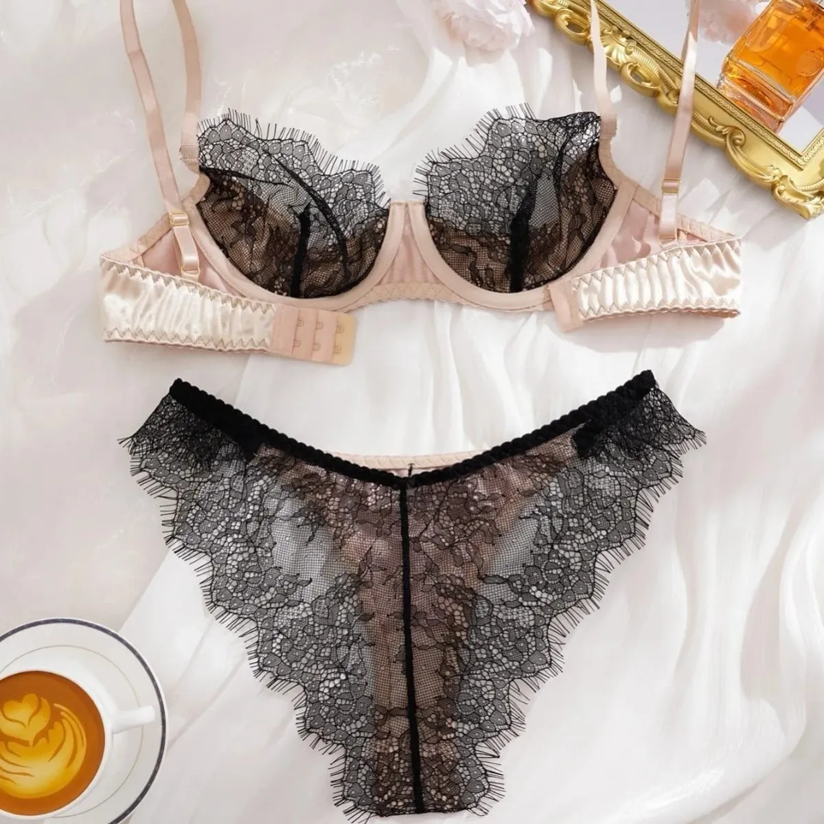 Kain Satin Bulu Mata Renda Patchwork Ultra Tipis Bergaris Bra Set Pakaian Dalam dengan Berkawat Pakaian Dalam Seksi Wanita Bra — image 3