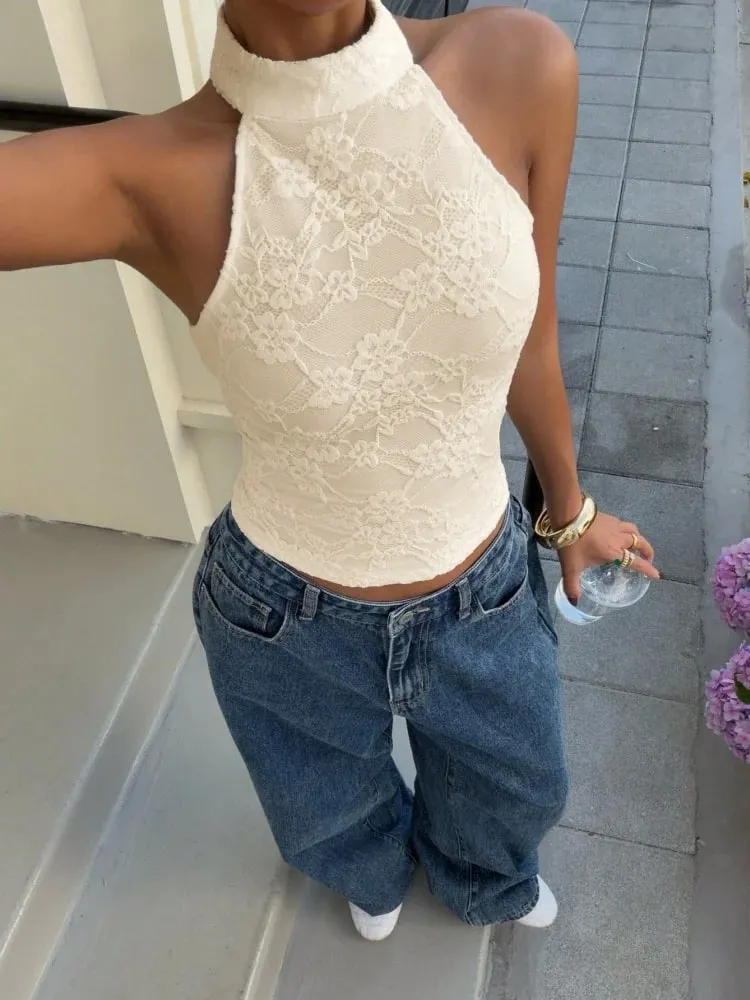 Wanita Seksi Putih Renda Leher Tinggi Halter Butang Belakang Tanpa Belakang Slim Fit Crop Top Kasual Percutian Harian Musim Panas 2026 — image 2